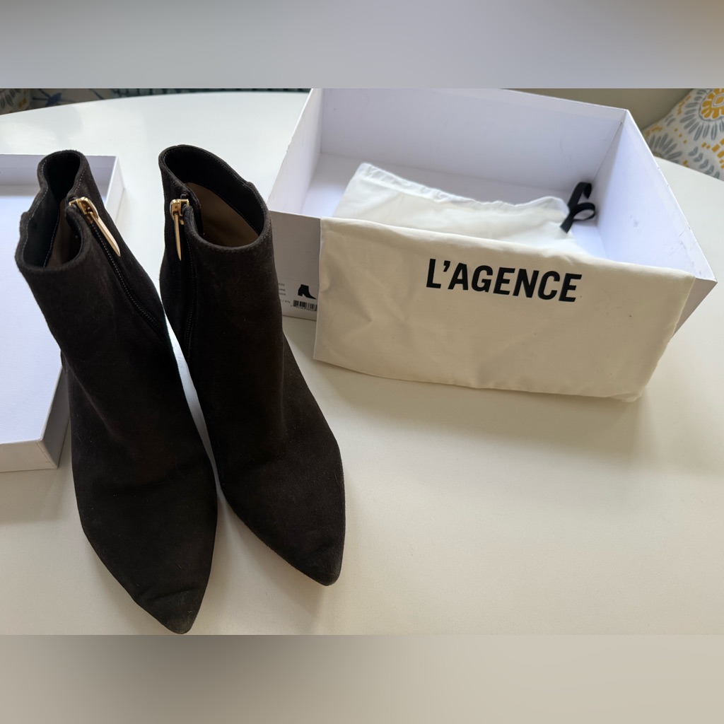 L'agence Jeanne Block Heel Bootie Black Suede Pointed Toe Size 7 Us 37.5 Eu